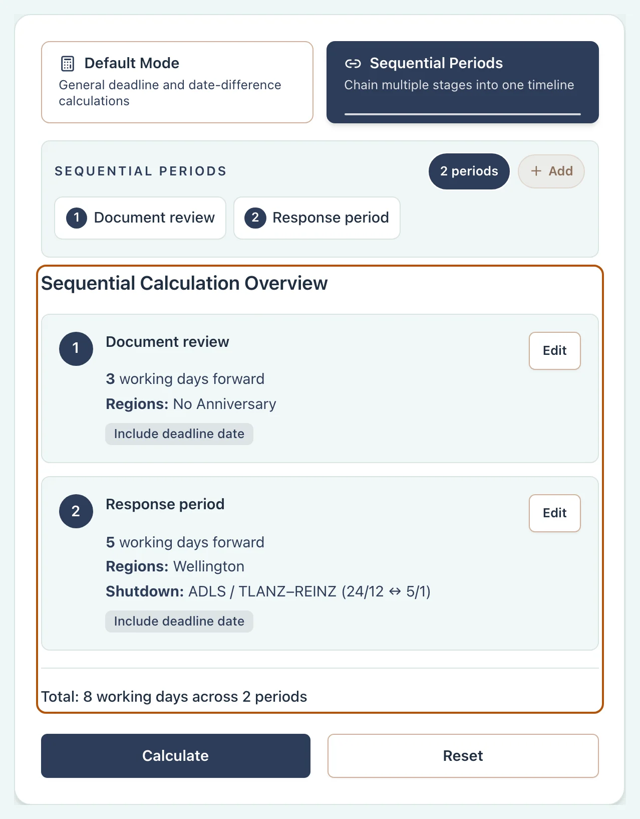 New Zealand calculator reviewing two sequential working-day periods with separate settings
